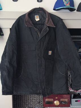 Carhartt Black Work Jacket with Brown Corduroy Collar XXL